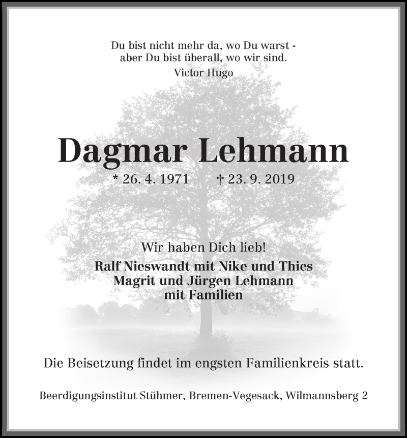  Traueranzeige für Dagmar Lehmann vom 28.09.2019 aus WESER-KURIER