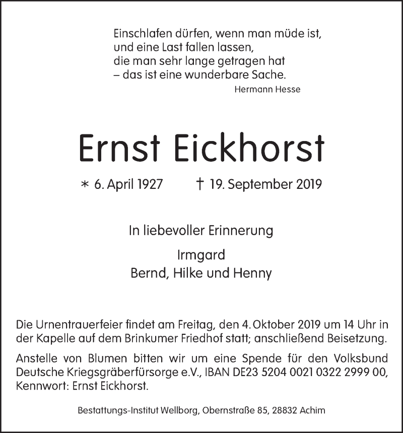  Traueranzeige für Ernst Eickhorst vom 25.09.2019 aus WESER-KURIER
