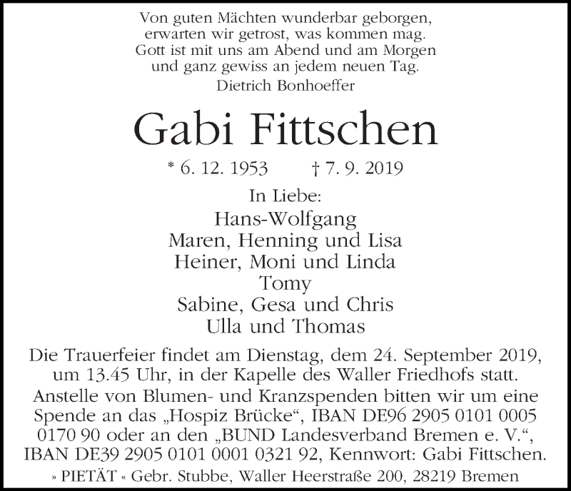 Traueranzeige von Gabi Fittschen von WESER-KURIER