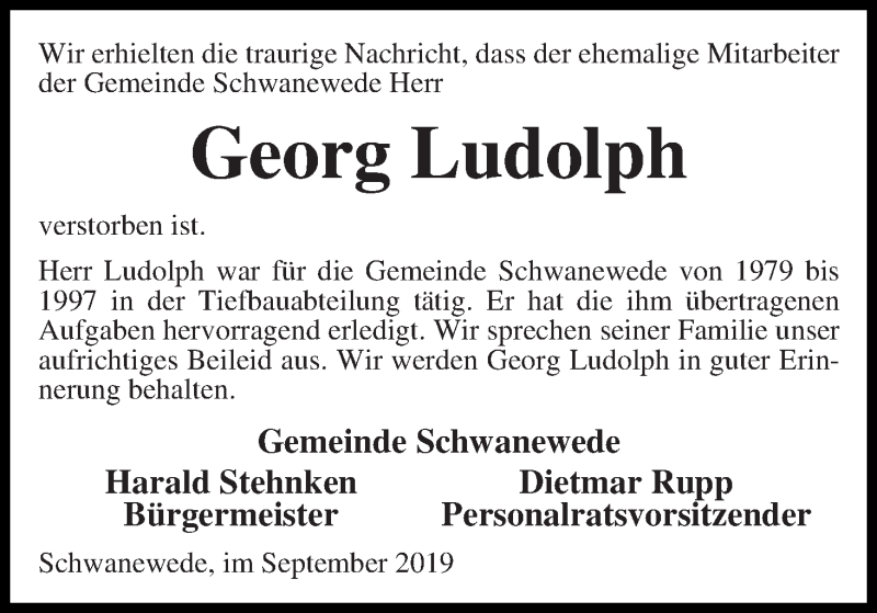 Traueranzeige von Georg Ludolph von Die Norddeutsche