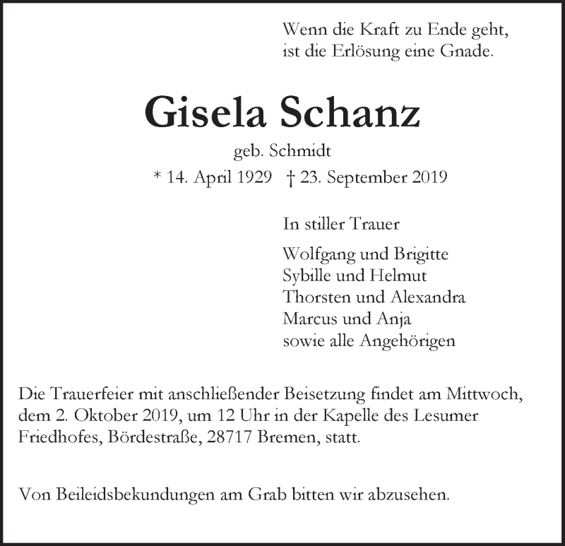  Traueranzeige für Gisela Schanz vom 28.09.2019 aus Die Norddeutsche