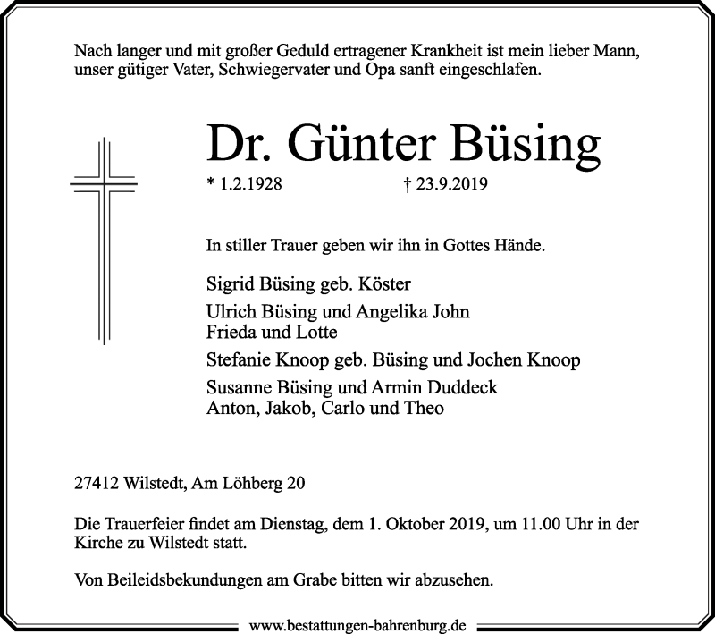  Traueranzeige für Günter Büsing vom 25.09.2019 aus Wuemme Zeitung