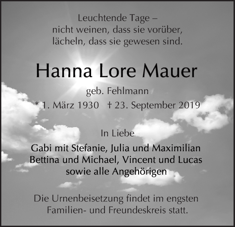  Traueranzeige für Hanna Lore Mauer vom 28.09.2019 aus WESER-KURIER