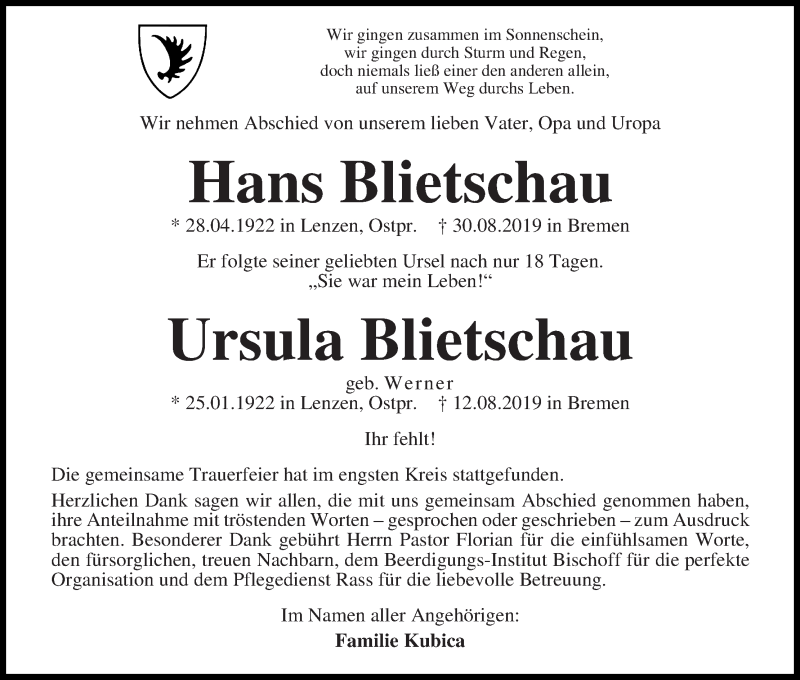 Traueranzeige von Hans und Ursula Blietschau von Die Norddeutsche