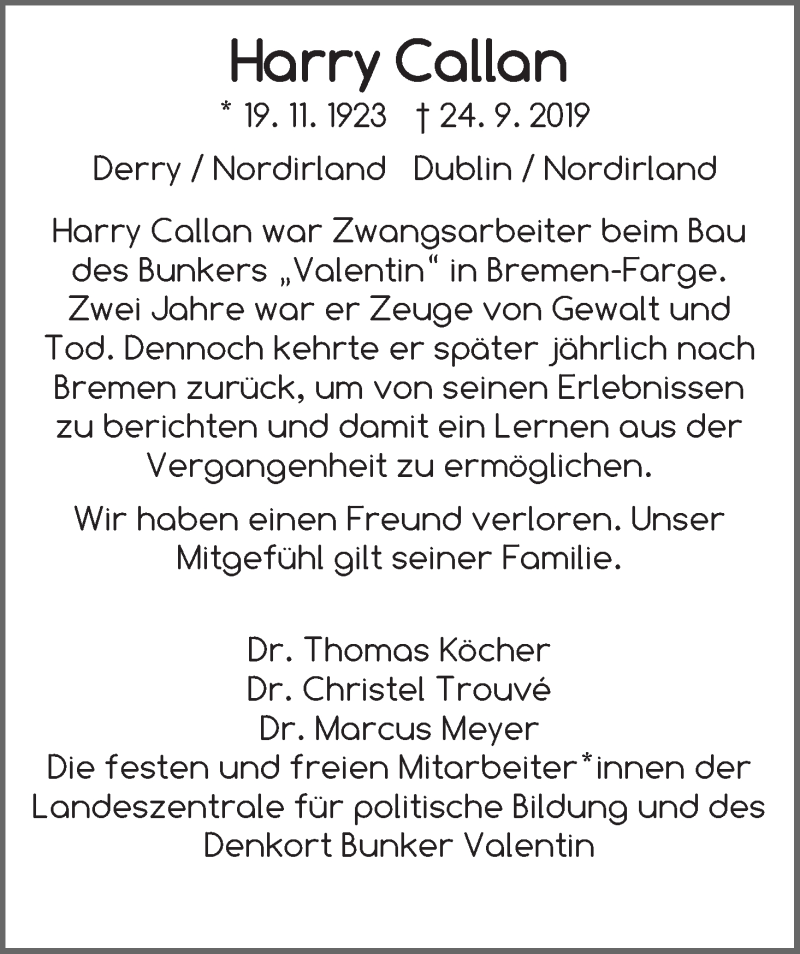  Traueranzeige für Harry Callan vom 28.09.2019 aus WESER-KURIER