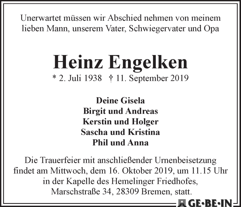  Traueranzeige für Heinz Engelken vom 21.09.2019 aus WESER-KURIER
