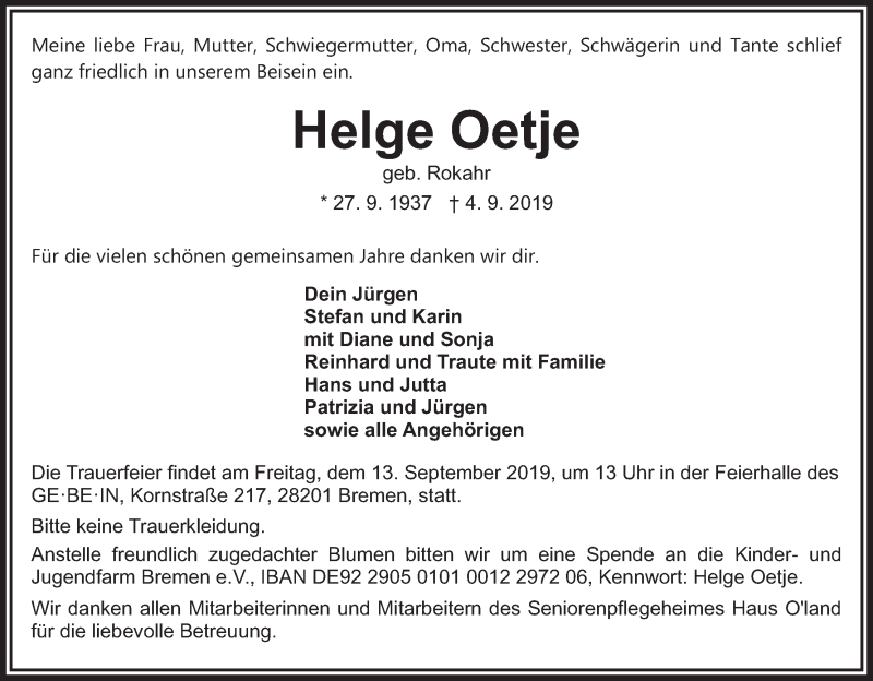  Traueranzeige für Helge Oetje vom 07.09.2019 aus WESER-KURIER