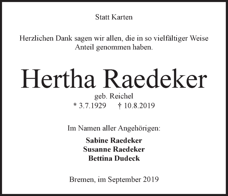 Traueranzeige von Hertha Raedeker von WESER-KURIER