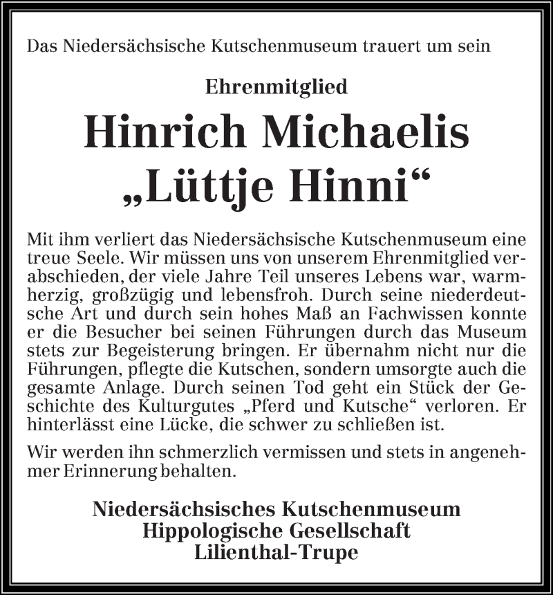 Traueranzeige von Hinrich  Michaelis von Wuemme Zeitung