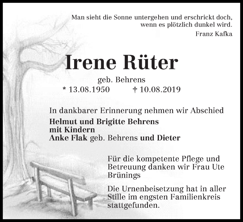 Traueranzeige von Irene Rüter von Osterholzer Kreisblatt