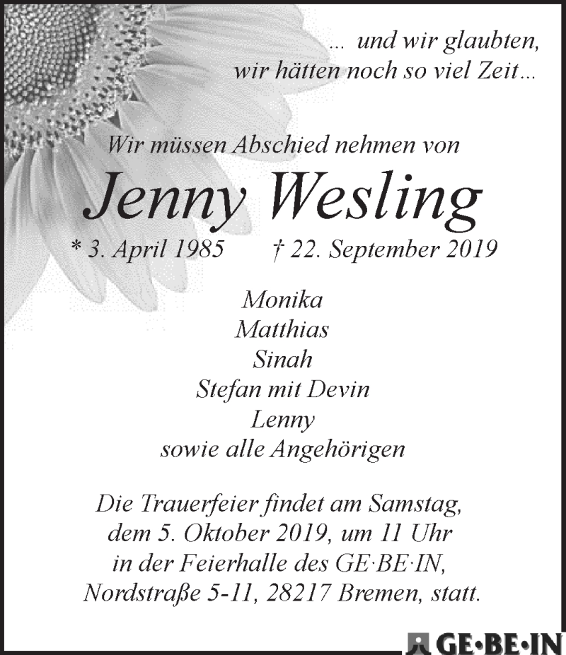  Traueranzeige für Jenny Wesling vom 28.09.2019 aus WESER-KURIER