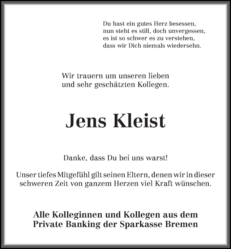  Traueranzeige für Jens Kleist vom 07.09.2019 aus WESER-KURIER