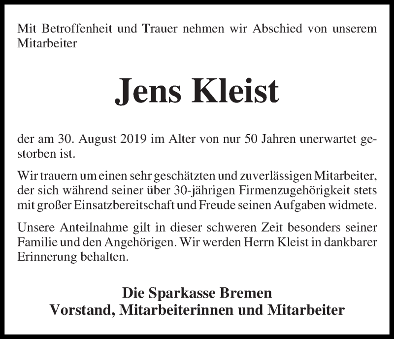  Traueranzeige für Jens Kleist vom 07.09.2019 aus WESER-KURIER
