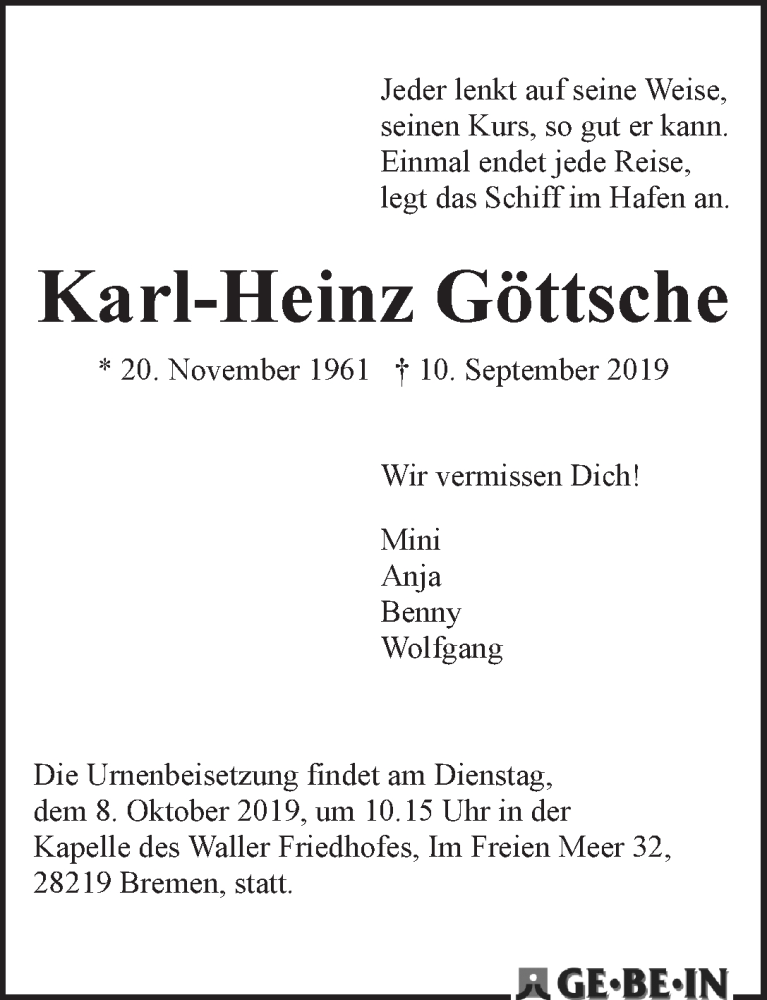  Traueranzeige für Karl-Heinz Göttsche vom 28.09.2019 aus WESER-KURIER
