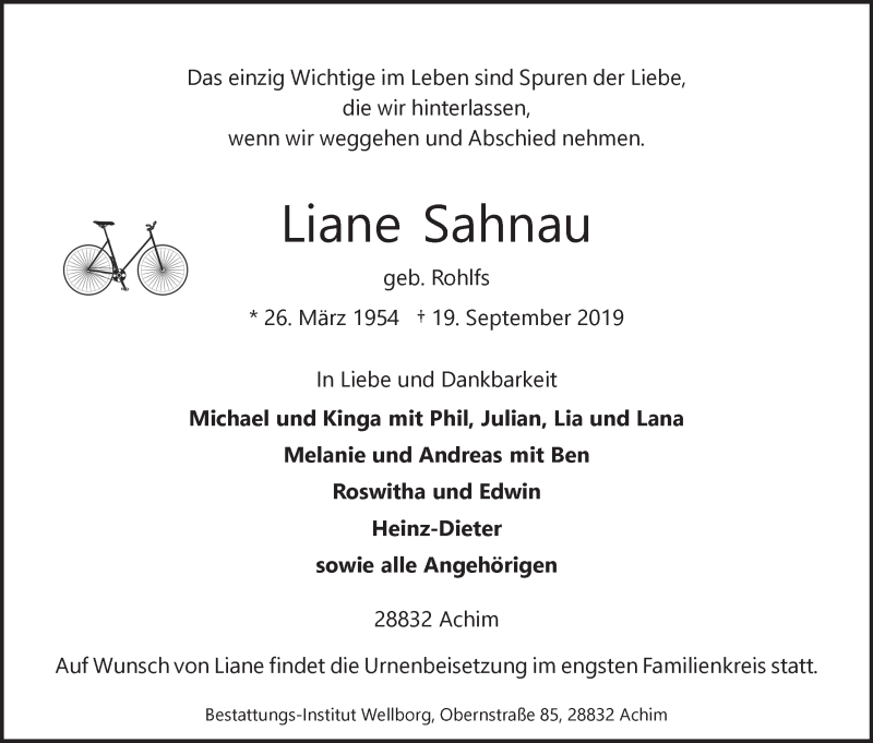  Traueranzeige für Liane Sahnau vom 25.09.2019 aus WESER-KURIER
