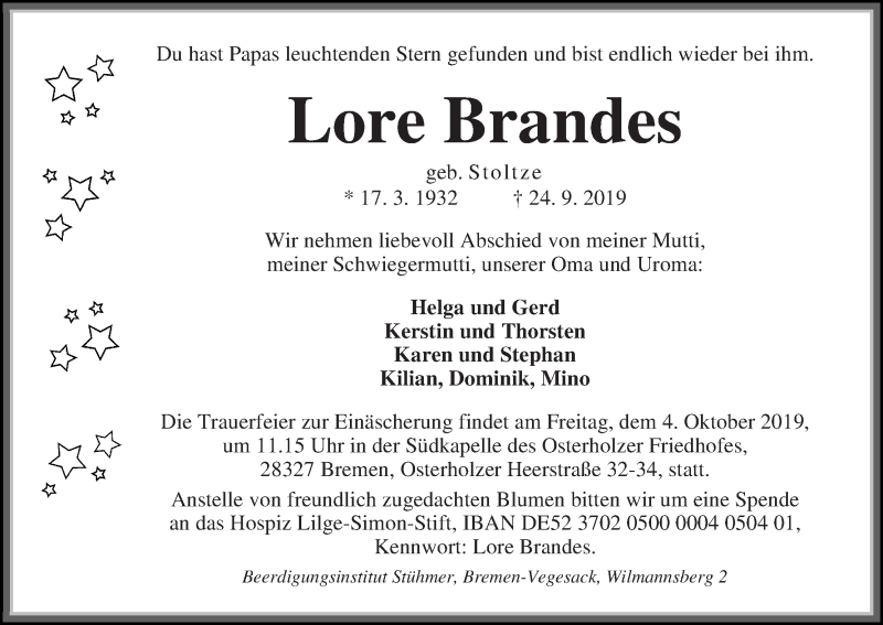  Traueranzeige für Lore Brandes vom 28.09.2019 aus WESER-KURIER