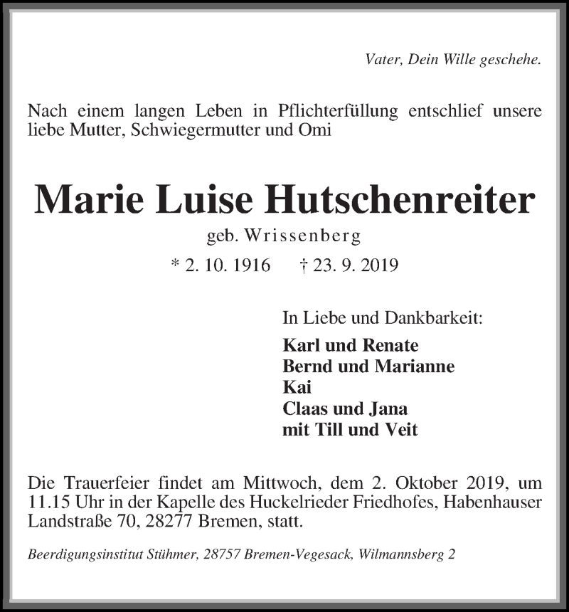  Traueranzeige für Marie Luise Hutschenreiter vom 28.09.2019 aus Die Norddeutsche