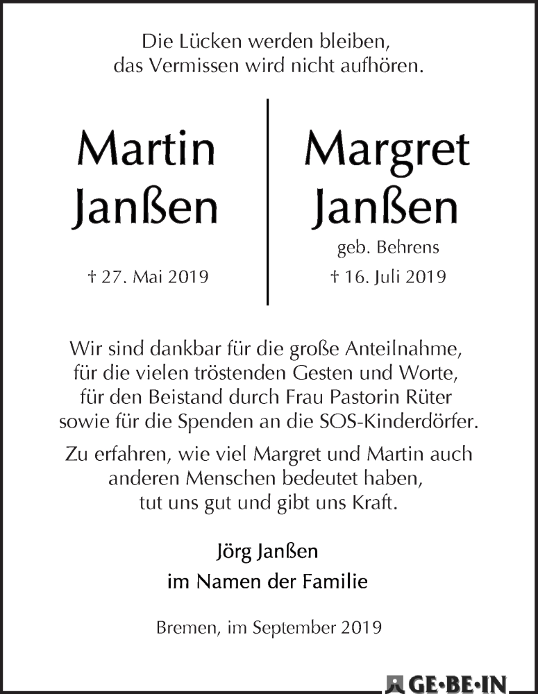 Traueranzeige von Martin und Margret Janßen von WESER-KURIER