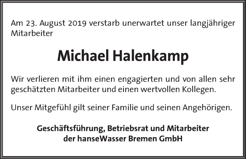  Traueranzeige für Michael Halenkamp vom 07.09.2019 aus WESER-KURIER