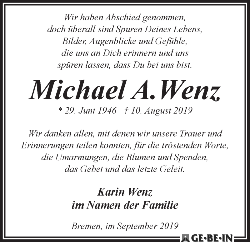  Traueranzeige für Michael Wenz vom 14.09.2019 aus WESER-KURIER