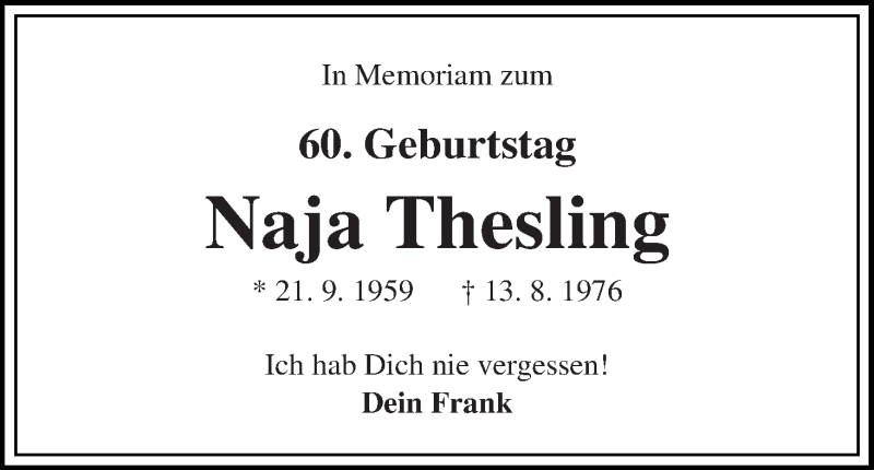  Traueranzeige für Naja Thesling vom 21.09.2019 aus WESER-KURIER