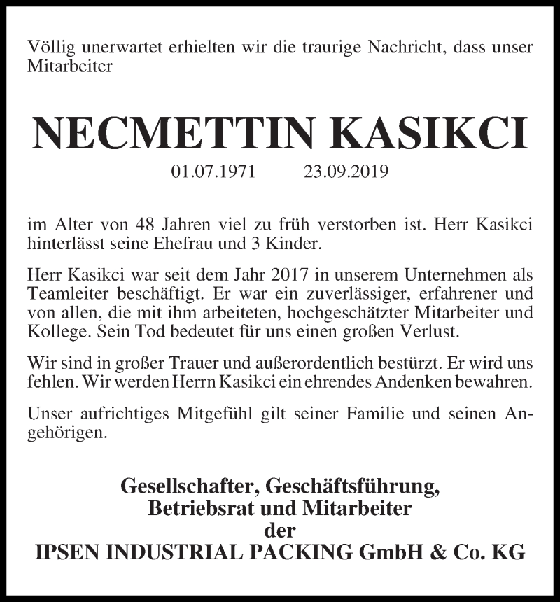  Traueranzeige für Necmettin Kasikci vom 25.09.2019 aus WESER-KURIER