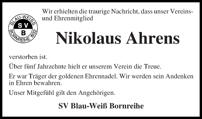 Traueranzeige von Nikolaus Ahrens von Osterholzer Kreisblatt