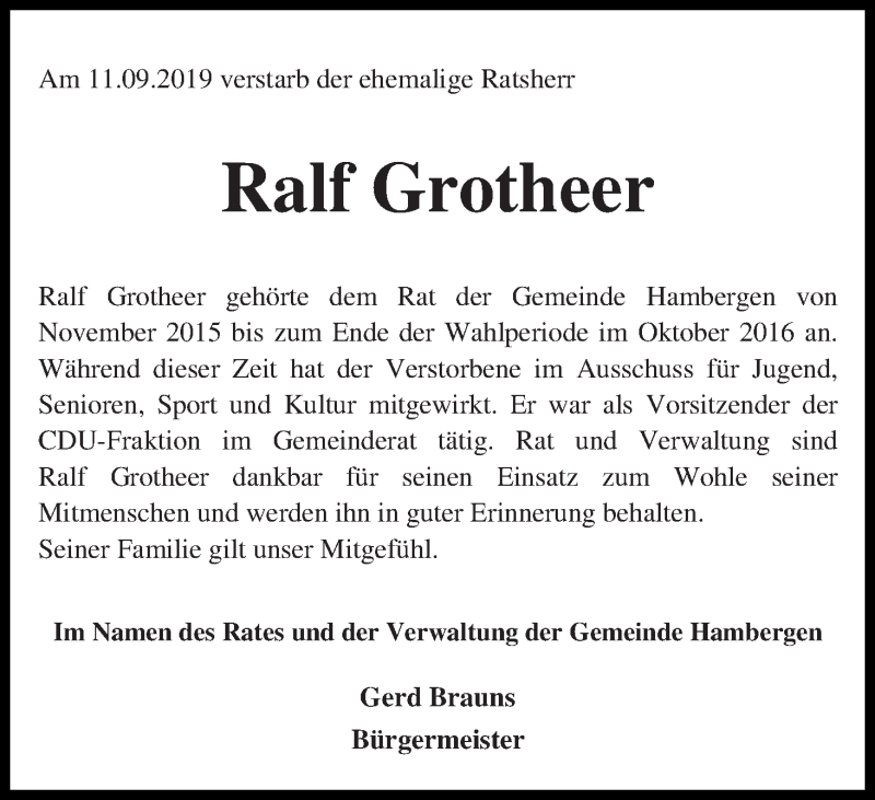  Traueranzeige für Ralf Grotheer vom 17.09.2019 aus Osterholzer Kreisblatt