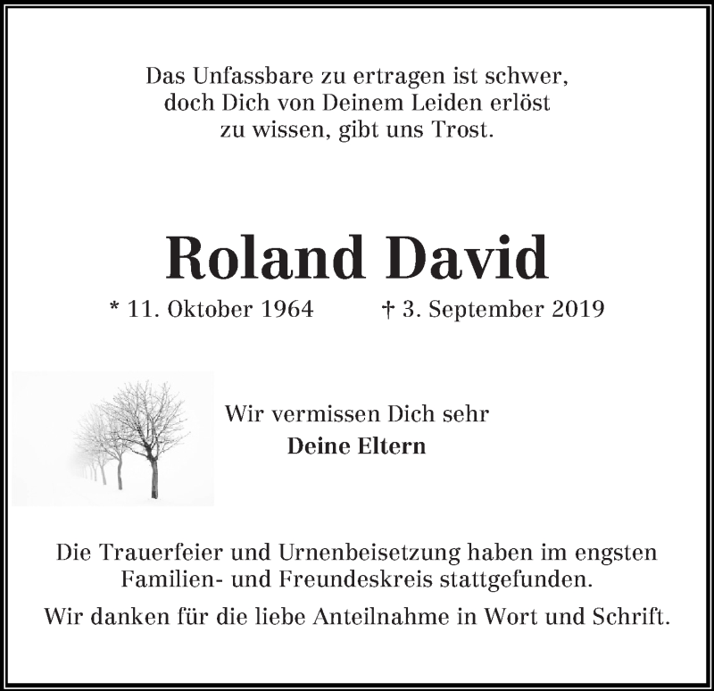  Traueranzeige für Roland David vom 21.09.2019 aus Regionale Rundschau/Syker Kurier