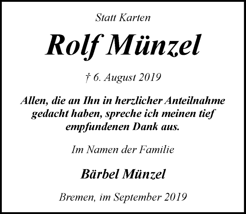  Traueranzeige für Rolf Münzel vom 04.09.2019 aus WESER-KURIER