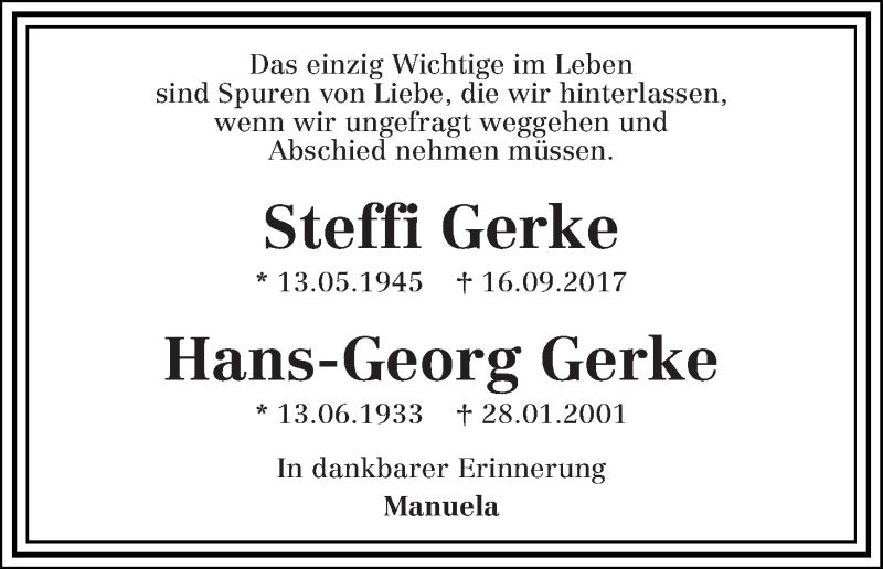 Traueranzeige von Steffi und Hans-Georg Gerke von WESER-KURIER