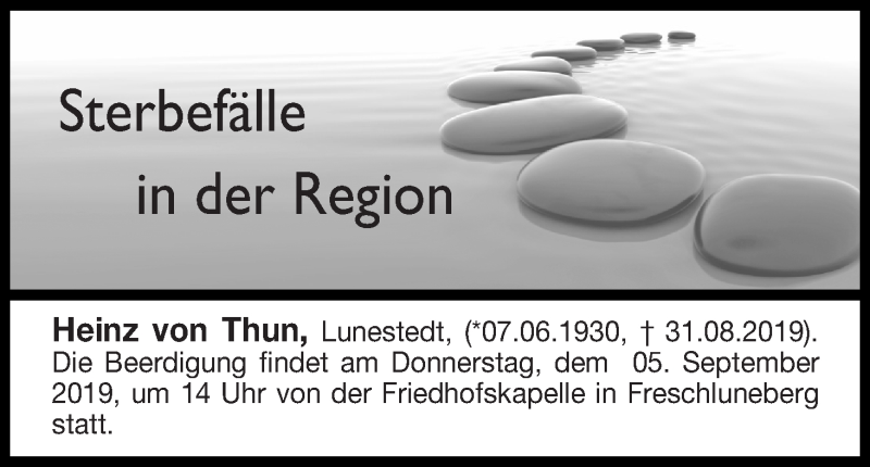 Traueranzeige von Sterbefälle in der Region Ausgabe 04.09.2019  von Osterholzer Kreisblatt