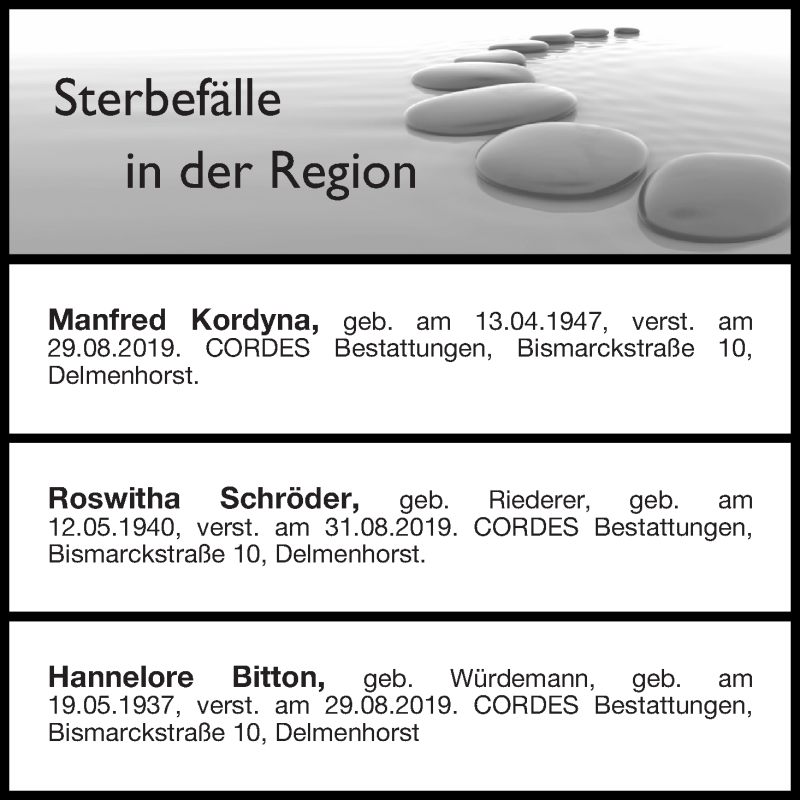 Traueranzeige von Sterbefälle in der Region Ausgabe 07.09.2019 von Delmenhorster Kurier