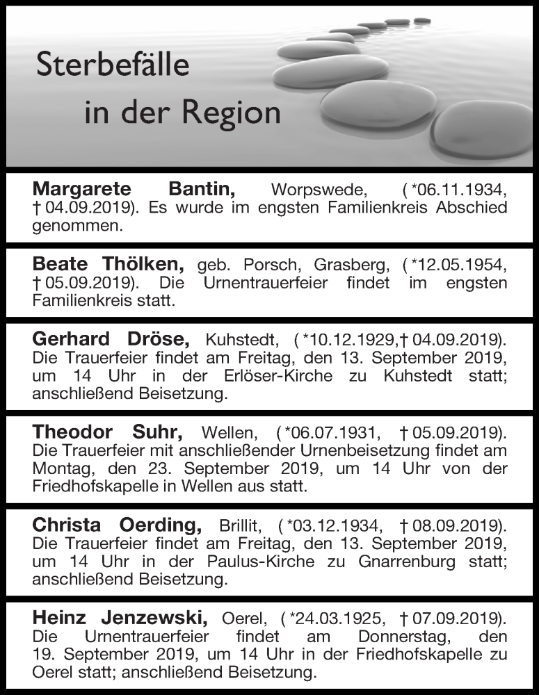 Traueranzeige von Sterbefälle in der Region Ausgabe 13.09.2019 von Osterholzer Kreisblatt