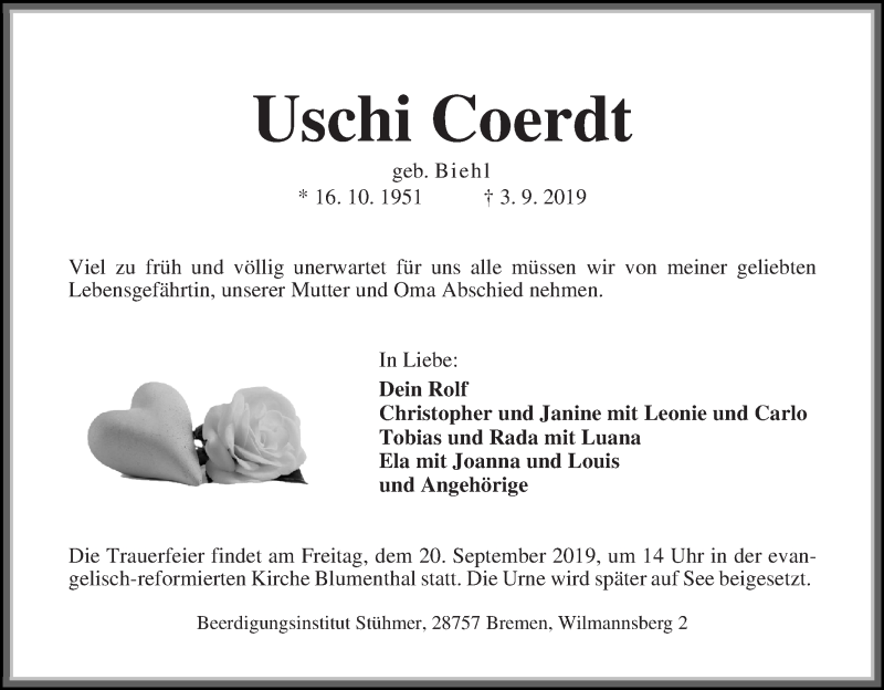  Traueranzeige für Uschi Coerdt vom 11.09.2019 aus Die Norddeutsche