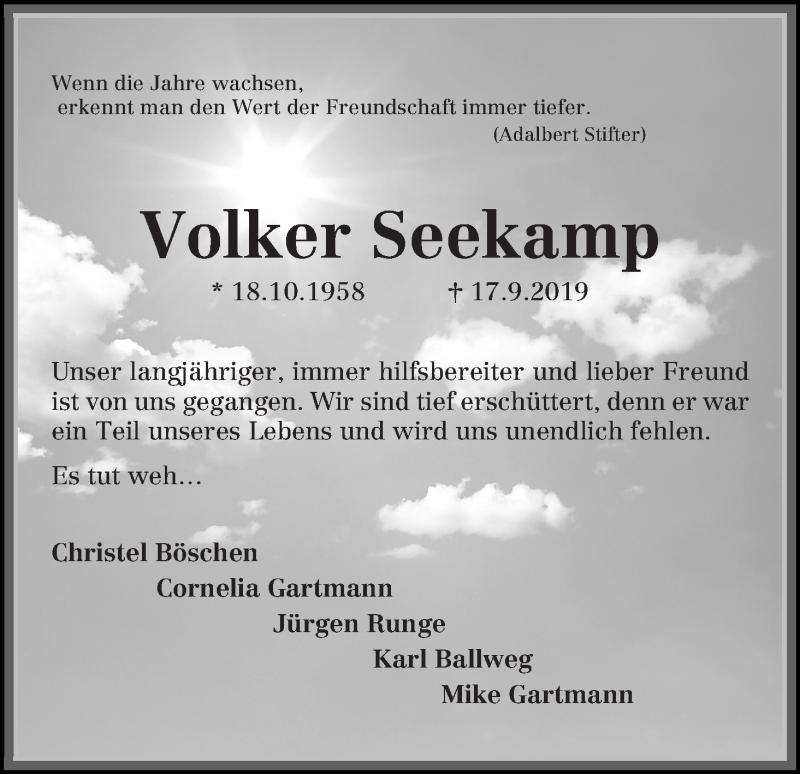  Traueranzeige für Volker Seekamp vom 24.09.2019 aus WESER-KURIER