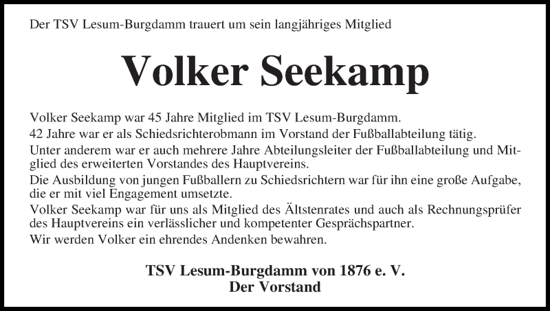  Traueranzeige für Volker Seekamp vom 21.09.2019 aus Die Norddeutsche