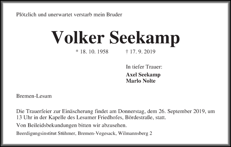  Traueranzeige für Volker Seekamp vom 21.09.2019 aus Die Norddeutsche