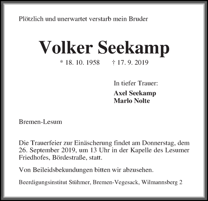  Traueranzeige für Volker Seekamp vom 21.09.2019 aus WESER-KURIER