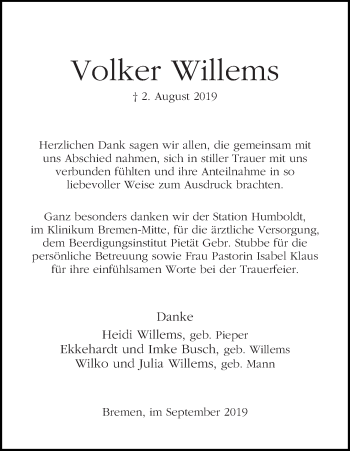 Traueranzeige von Volker Willems