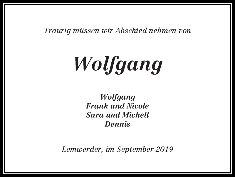 Traueranzeige von Wolfgang Peters von Die Norddeutsche