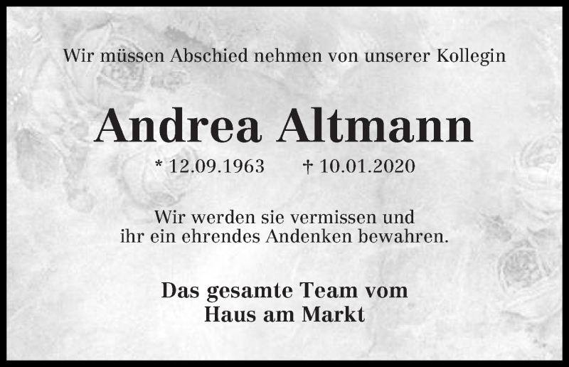  Traueranzeige für Andrea Altmann vom 22.01.2020 aus Wuemme Zeitung