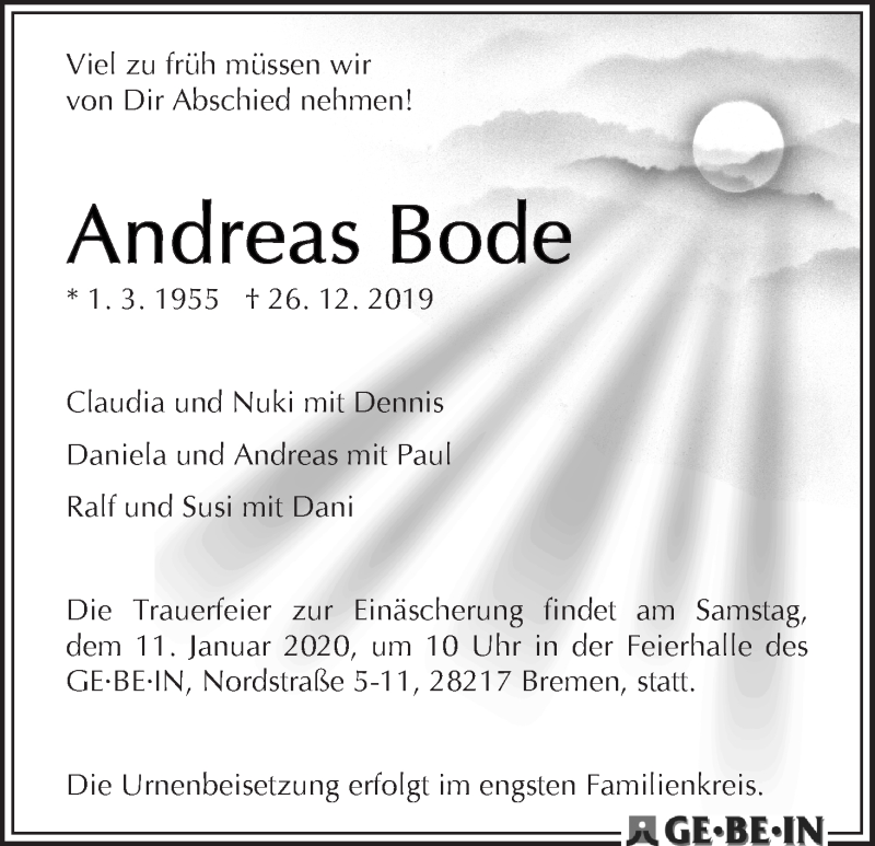  Traueranzeige für Andreas Bode vom 04.01.2020 aus WESER-KURIER