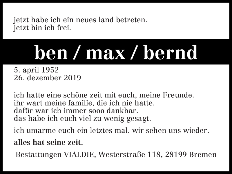  Traueranzeige für Ben Max Bernd Bocklage vom 04.01.2020 aus WESER-KURIER