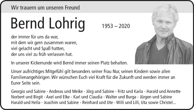  Traueranzeige für Bernd Lohrig vom 17.01.2020 aus Regionale Rundschau/Syker Kurier