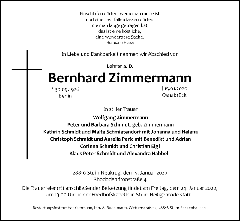  Traueranzeige für Bernhard Zimmermann vom 18.01.2020 aus WESER-KURIER