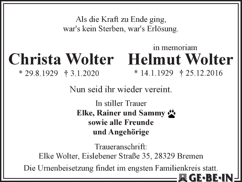 Traueranzeige von Christa und Helmut Wolter von WESER-KURIER