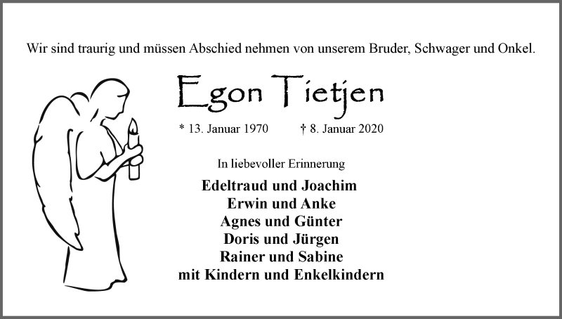  Traueranzeige für Egon Tietjen vom 14.01.2020 aus Osterholzer Kreisblatt