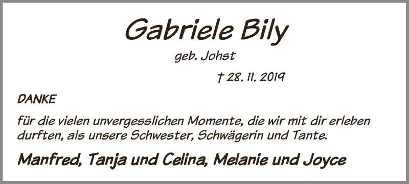  Traueranzeige für Gabriele Bily vom 18.01.2020 aus WESER-KURIER
