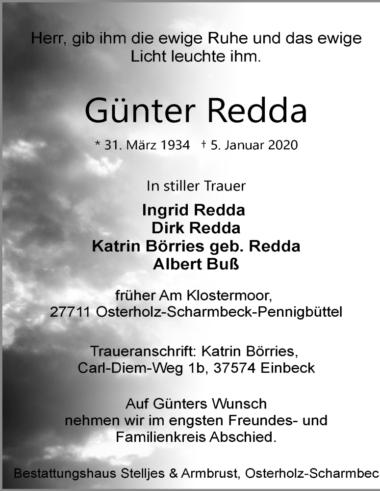  Traueranzeige für Günter Redda vom 11.01.2020 aus Osterholzer Kreisblatt